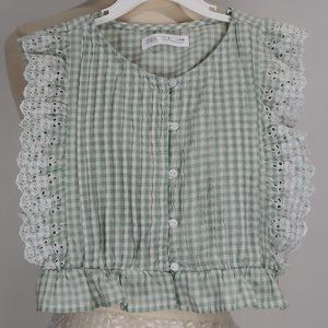 🩰 Zara NWOT Sage Green White Eyelet Dress Top Blouse Summer Party Lace Girls
